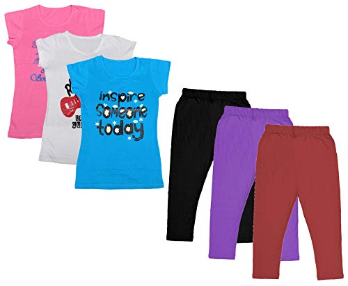 IndiWeaves Girls Combo Pack of Cotton Printed Capri and Solid Full