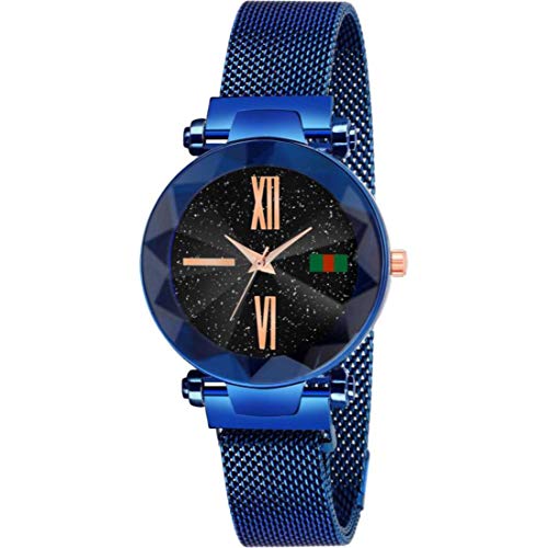 KU Luxury Mesh Digit Black Buckle Starry Sky Quartz Watches Mysterious Blue Analog Women Watch
