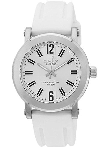 Omax Silicone Analog White Dial Mens Watch (White Dial Stainless Steel Silver Case White Silicone Strap-SS212)