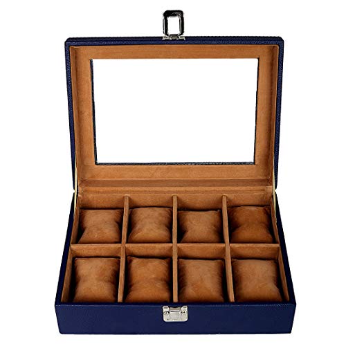 Leather World Pu Watch Box Case Layer Lock 8 Slots Watches Storage Organizer Boxes Case for Men and Women - Blue