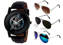 Load image into Gallery viewer, Sheomy Combo of Avenger Printed Watch Round Dial Synthetic Leather Black Strap Analogue Quartz Wrist Watch for Men and Sunglasses Combo Avenger Printed (3J-GFR2-DYYM)
