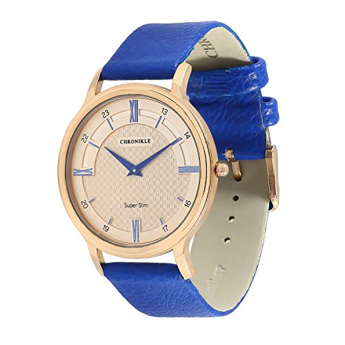 Chronikle Designer Analogue Golden Dial , Blue Band , Leather Strap Men's Wrist Watch
