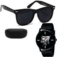 Sheomy Jet Black Sunglasses and Watch Quartz Combo for Men Latest Metal Analogue Mahadeva Print Multicolour Dial Black Strap Leather Belt Men's Wrist Watches (3IN001 - MAHADEVA - 002)