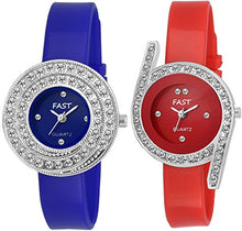 Load image into Gallery viewer, Pappi-Haunt - Quality Assured - Pack of 2 - Sober Blue &amp; Classic Red Stone Studded Analog Casual Watch for Women, Girls
