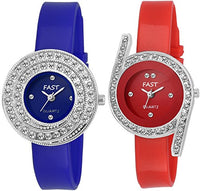 Pappi-Haunt - Quality Assured - Pack of 2 - Sober Blue & Classic Red Stone Studded Analog Casual Watch for Women, Girls