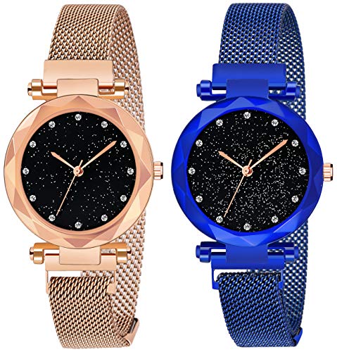 Acnos Black Round Diamond Dial with Latest Generation Blue & Rosegold Magnet Belt Analogue Watch for Women Pack of - 2 (DM-BLUE-ROSEGOLD01)