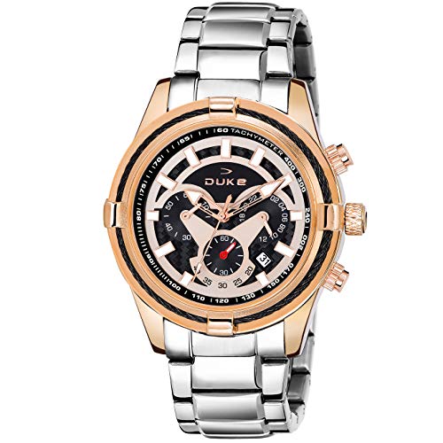 Duke Chronograph Mens Watch, Scratch and Water-Resistant Timepiece with Push Button Clasp and Stylish Stainless-Steel Strap for Everyday Use(Rose Gold Dial)