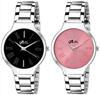 Acnos Women's Black And Pink Dial Silver Steel Chain Belt Unique Titanium Combo Analogue Watch - Pack Of 2