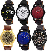 Pappi-Haunt Pack of 6 Specially Designed Leather Analog Casual Watches for Men, Boys - Extra Benefit Deal Pack