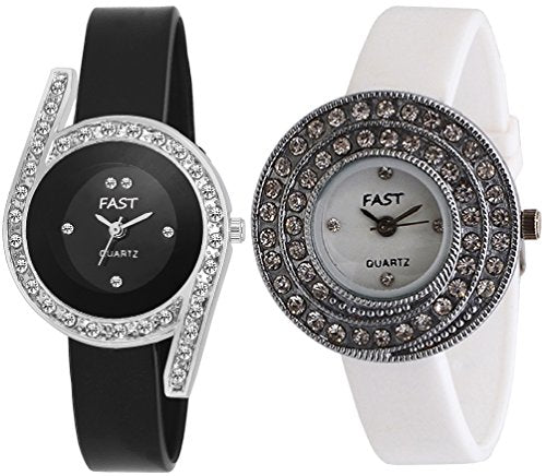 Pappi-Haunt - Quality Assured - Pack of 2 - Sober Black & Classic White Stone Studded Analog Casual Watch for Women, Girls