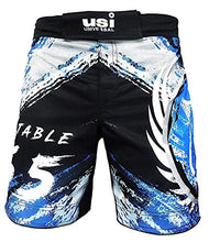 Load image into Gallery viewer, USI Muay Thai Printed Shorts for Mens Gym Shorts Running Shorts Sports Shorts Shorts with Elasticated Waist Tuf Stretch (L, Black Blue)
