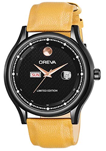 Oreva Leather Men's/Boy's Wrist Watches (Black-Black)