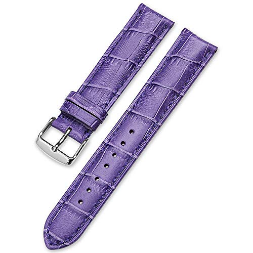 EwatchAccessories 20mm Lovender Genuine Leather Watch Band Strap with Silver Stainless Steel Buckle for Men and Women