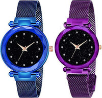 Acnos Blue and Purple Color 12 Point with Trending Magnetic Analogue Metal Strap Watches for Girl's and Women's Pack of - 2(DM-170-190)