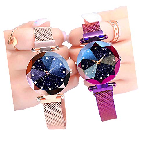 Acnos Black Round Diamond Dial with Latest Generation Purple & Rosegold Magnet Belt Analogue Watch for Women Pack of - 2 (DM-PURPLE-ROSEGOLD06)