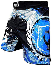 Load image into Gallery viewer, USI Muay Thai Printed Shorts for Mens Gym Shorts Running Shorts Sports Shorts Shorts with Elasticated Waist Tuf Stretch (L, Black Blue)
